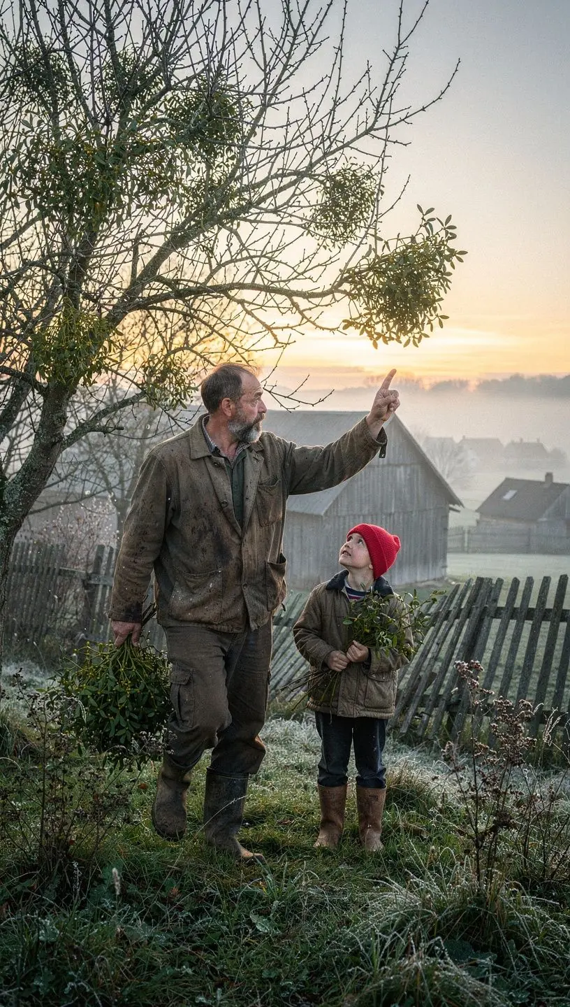 Viena puodelio arbatos, paruoštos su mistletoe, išvaizda, apgaubta šiltu šviesos spinduliu.